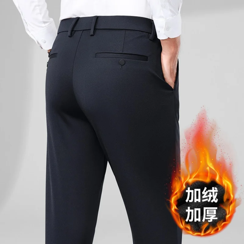 

Fleece Winter Mens Suit Pants Warm Thicken Stretch Black Blue Office Formal Dress Trousers for Male 2025 New