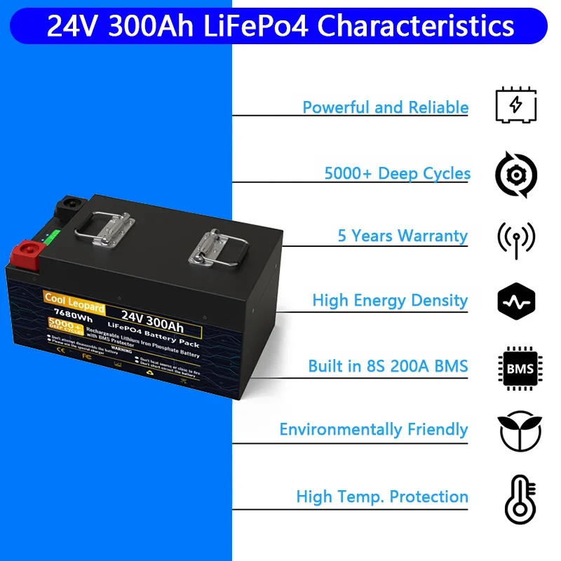 Batterie de rechange pour bateaux à moteur, haute capacité, 24V, 300Ah, 200Ah veFePo4, BMS intégré, moteur 8,5, neuf