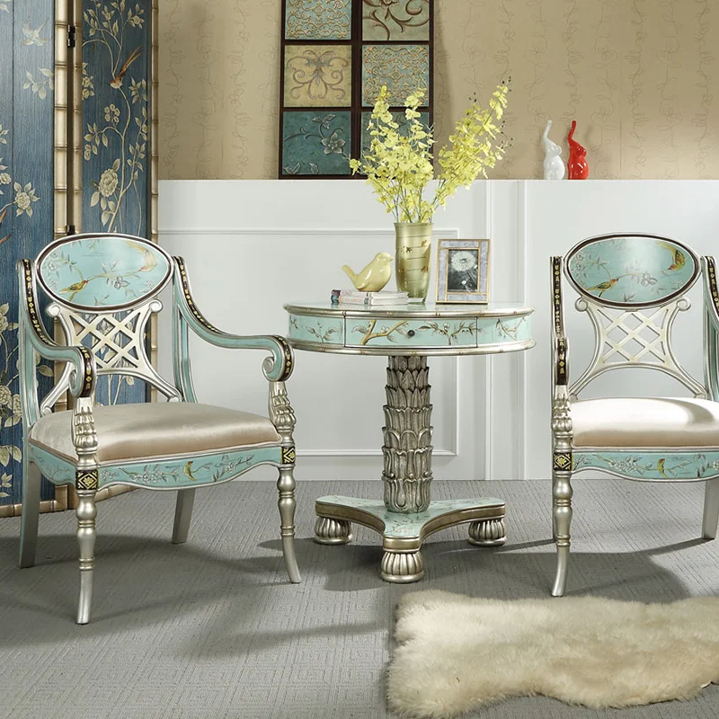 French retro solid wood armchair hand-painted large size sofa chair dining leisure living room balcony outdoor villa use