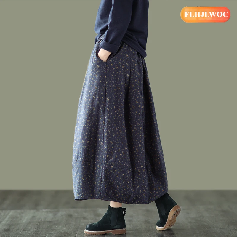 القطن الكتان التنانير شتاء دافئ المبيعات الساخنة 2026 السنة الجديدة امرأة اليابان الفتيات الرجعية خمر الأزهار طباعة جيوب تنورة طويلة سميكة #2