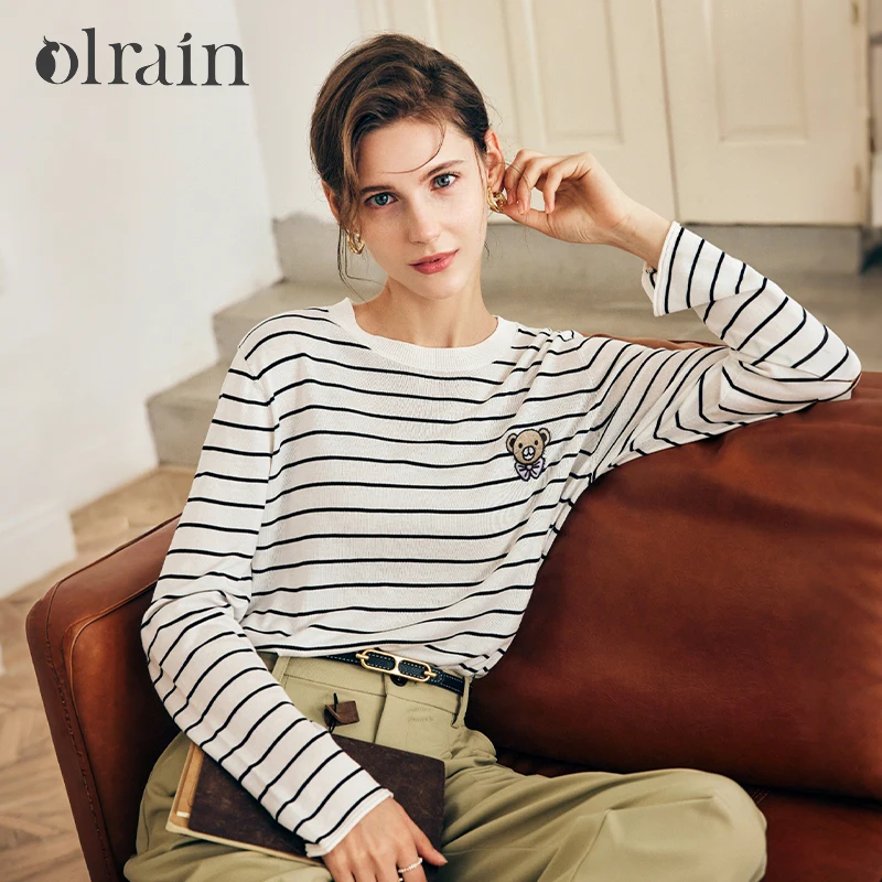 

OLrain Women's 2026 Spring Striped Knit Pullover Top Cute Bear Embroidered Crew Neck Long Sleeve Casual Soft Sweater N56QZ01099