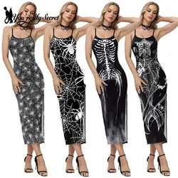 [You're My Secret] Halloween Women Gothic Sleeveless Backless Dress Black Split Bodycon Skeleton Printed Long Dress Party Robe