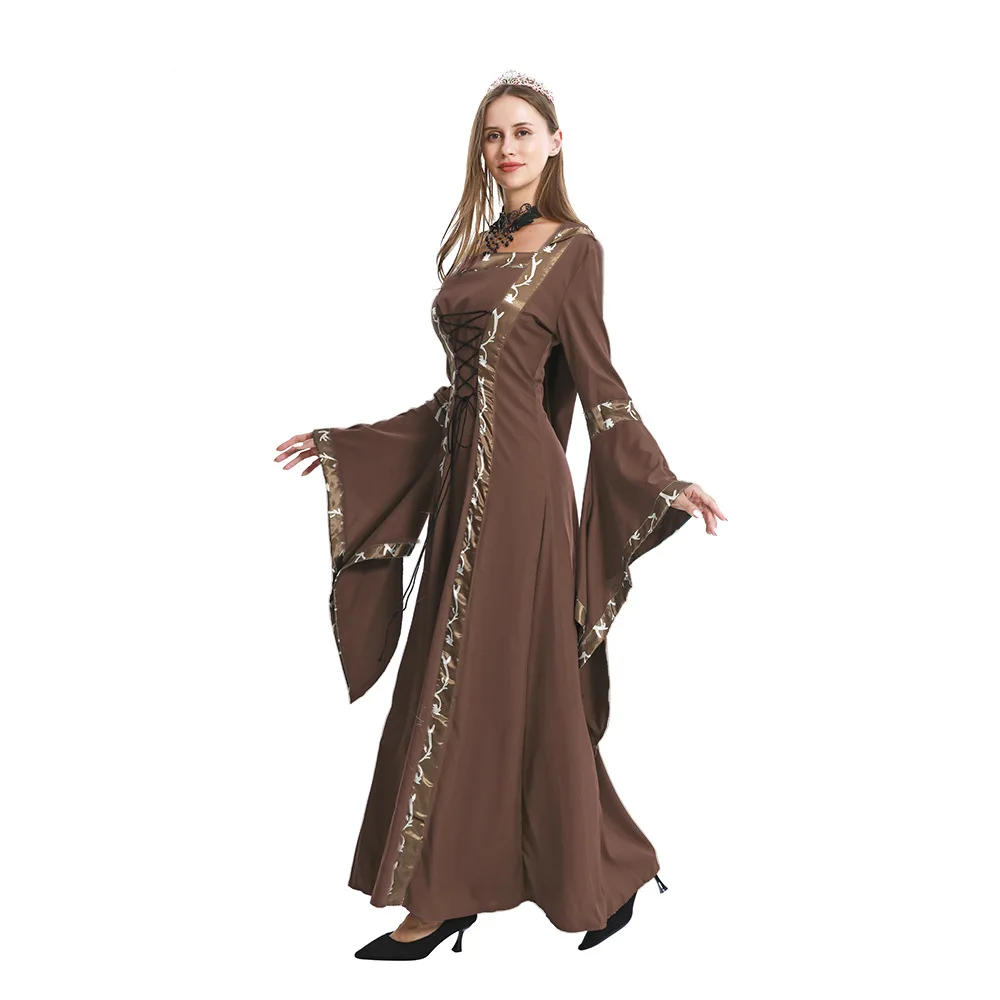 2024 New Halloween Retro Medieval Hooded Dress Square Neck Tie Bell Sleeves Large Swing Skirt Stage Performance Clothing