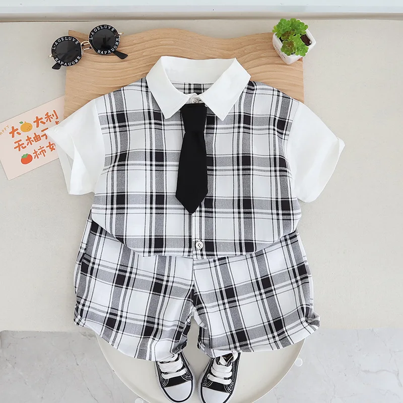 Boys' Set Summer Boys' Plaid Short-sleeved Shirt + Shorts Two-piece Kids' Casual Suit Kids Clothes