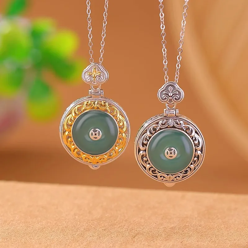 Natural chalcedony Round Openable Gawu Box Pendant silver 925 Roll Grass Pattern Necklace Classic Hollow out Charm Jewelry Gifts