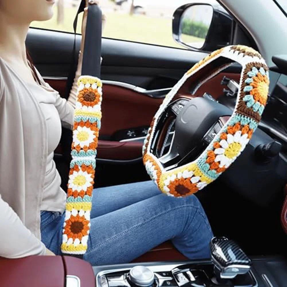 Stylish 3PCS Crochet Steering Wheel Cover and Seat Belt Pads Bohemian Sunflower Pattern for a Unique Touch to Your Vehicle