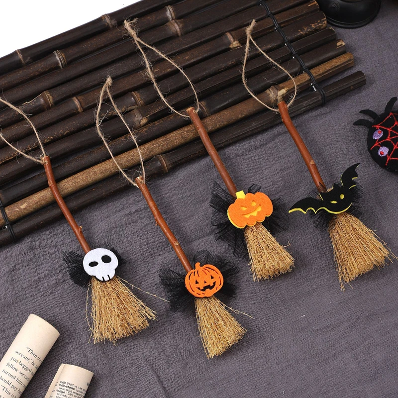 New 5PCS Halloween Mini Witch Broom Halloween Decorative Accessory Party Ornament Ghost Festival Supplies Pumpkin Bat Skeleton