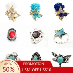 VIVILADY Trendy Personalized Retro Natural Blue Stones Dragonfly Starfish Butterfly Fish Flowers Pearl Ring For Women Jewelry