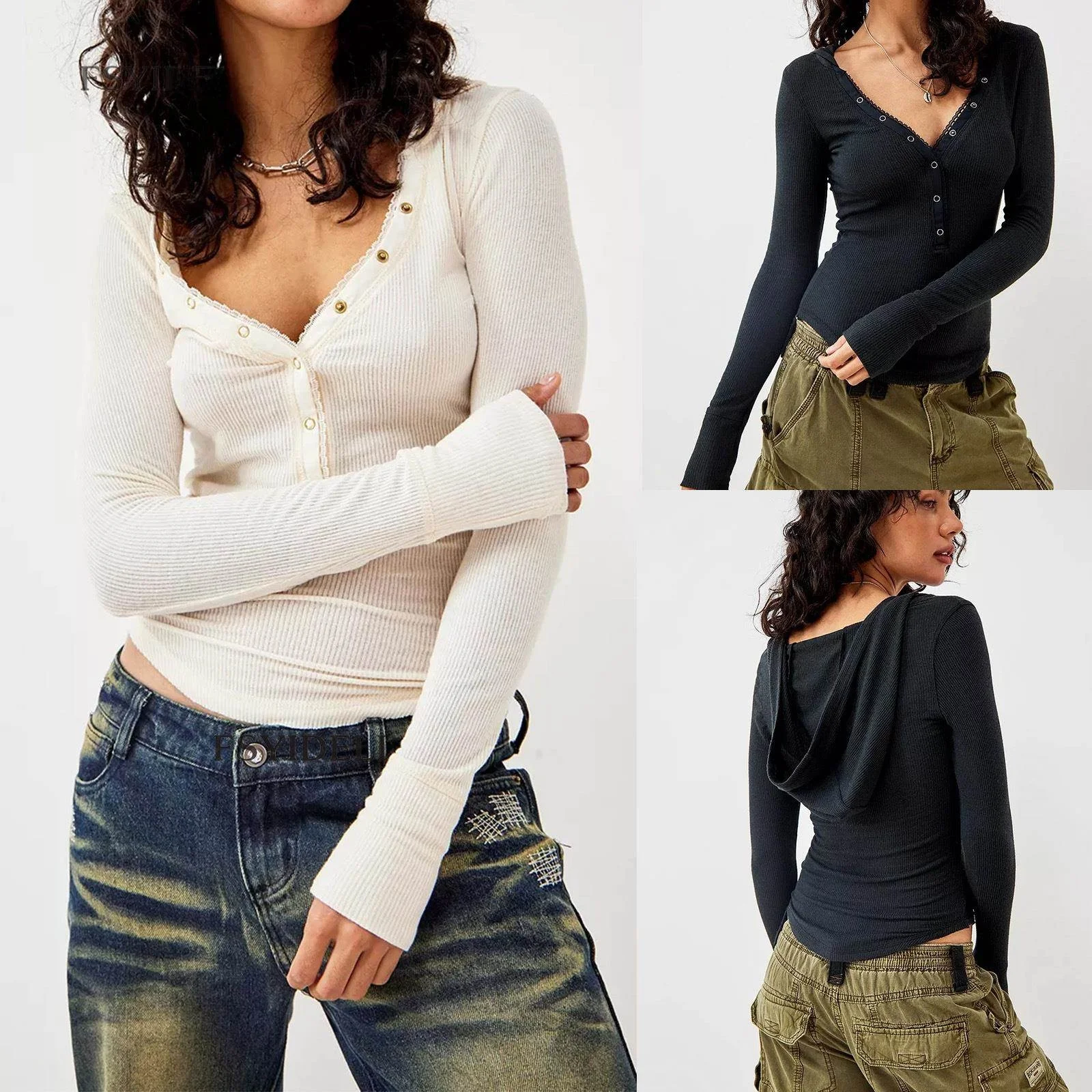 2023 تي شيرت ضيق بقلنسوة واحدة الصدر ort Top Street Sle لون نقي طويل Sve بوليستر ربيع الخريف المرأة Fa...