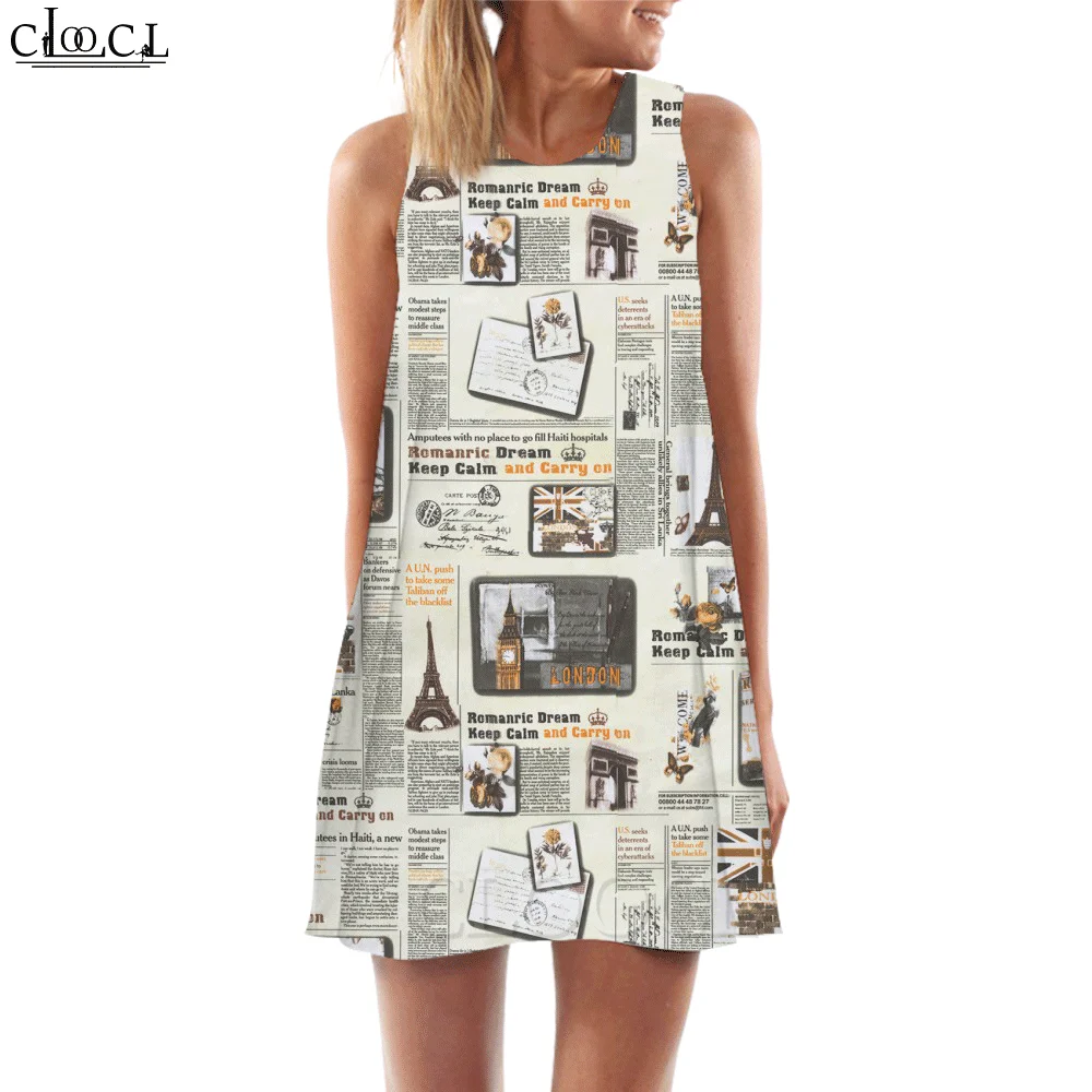 

CLOOCL Women Tank Tops Vintage Newspaper Graphics 3D Print Loose Dress Sexy Fashion Short Party Female Vest Sleeveless Dress