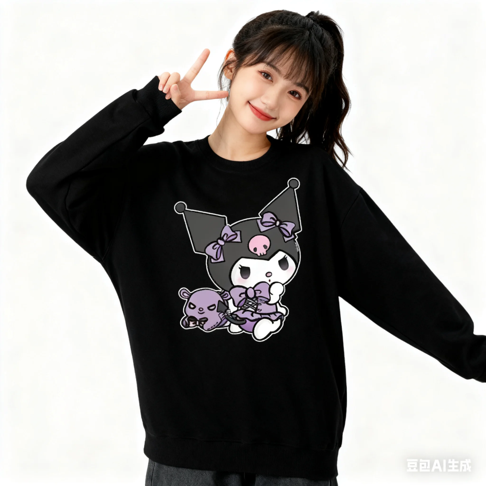 

Sanrio Series Printed Crew Neck Long-Sleeve Top, Cute and Warm Fleece-Lined Crew Neck Long-Sleeve T-Shirt, 100% Cotton