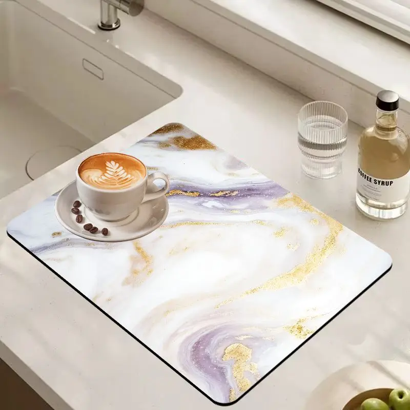 VIKAMA Purple White Gold Foil Marble Coffee Mat Super Absorbent Non Slip Waterproof Pad Kitchen Coffee Maker Counter Mat
