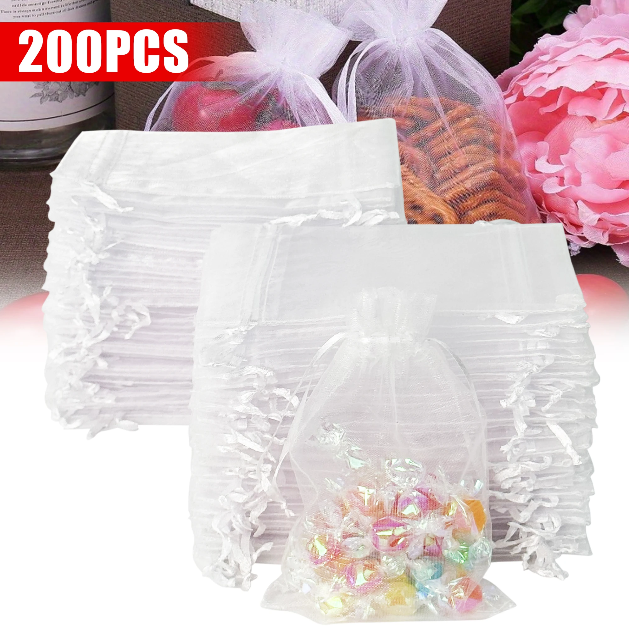 200 Uds bolsas de Organza de malla blanca bolsas de joyería de Organza con cordón, pequeñas bolsas de recuerdo con cordón dulces de Navidad boda cumpleaños