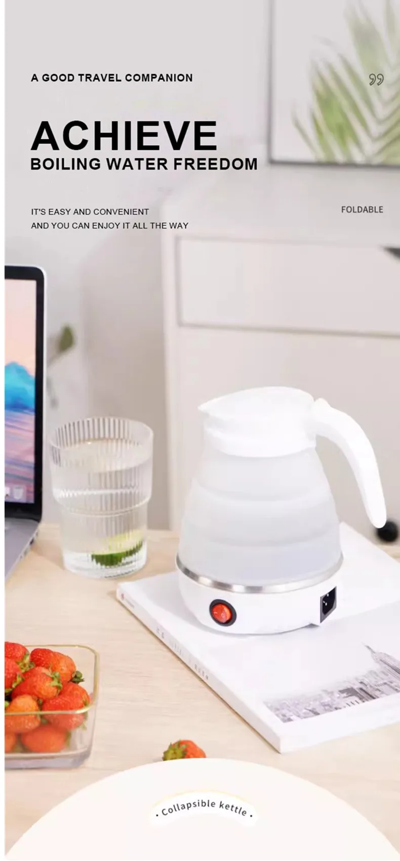 JFBONIN 0.6L Mini Folding Kettle Portable Water Heater 600W Silicone Compression Electric Kettle Home Kettle Easy To Travel