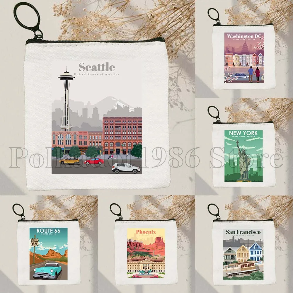 

New York Chicago Seattle San Francisco Toronto Las Vegas Los Angeles Miami Seattle Canvas Coin Purse Key Case Bag Wallet Pouch