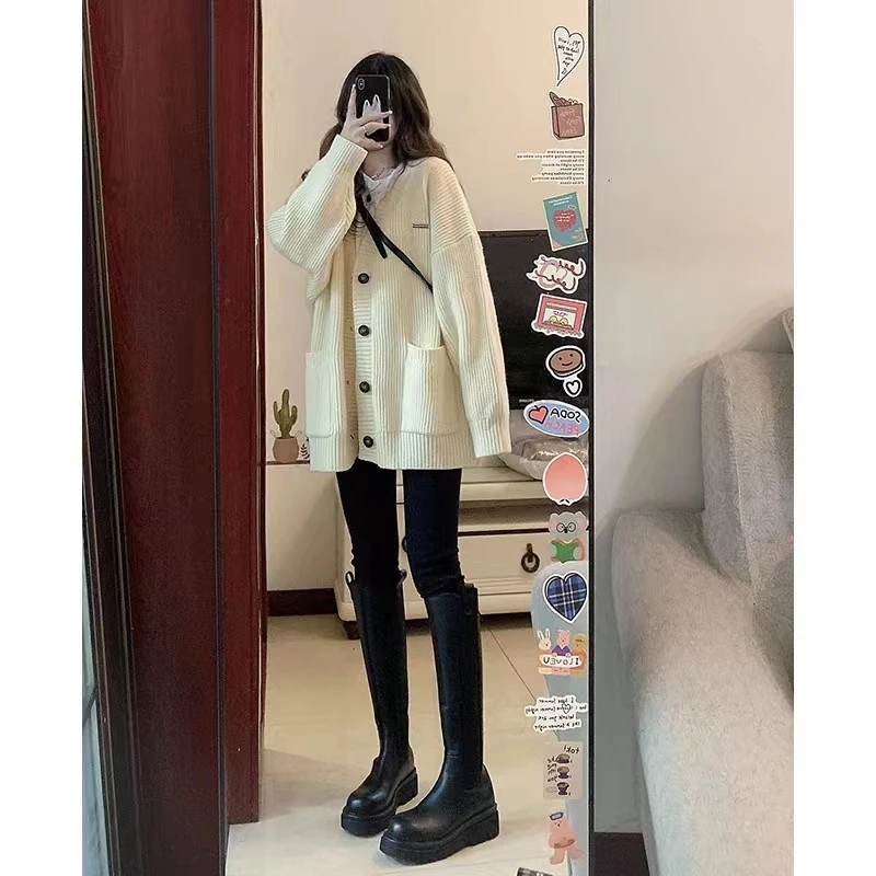 V-neck Loose Knit Sweater Cardigan Coat Casual Long Sleeve Women Clothing Autumn Winter Loose Korean Chic Simple Pockets Solid