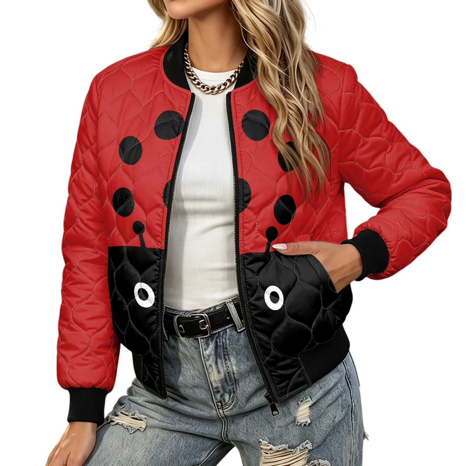 PENSTROLL Ladybug Lightweight Warm Padded Bomber Jacket for Women Water-Resistant Coat Outerwear for Work