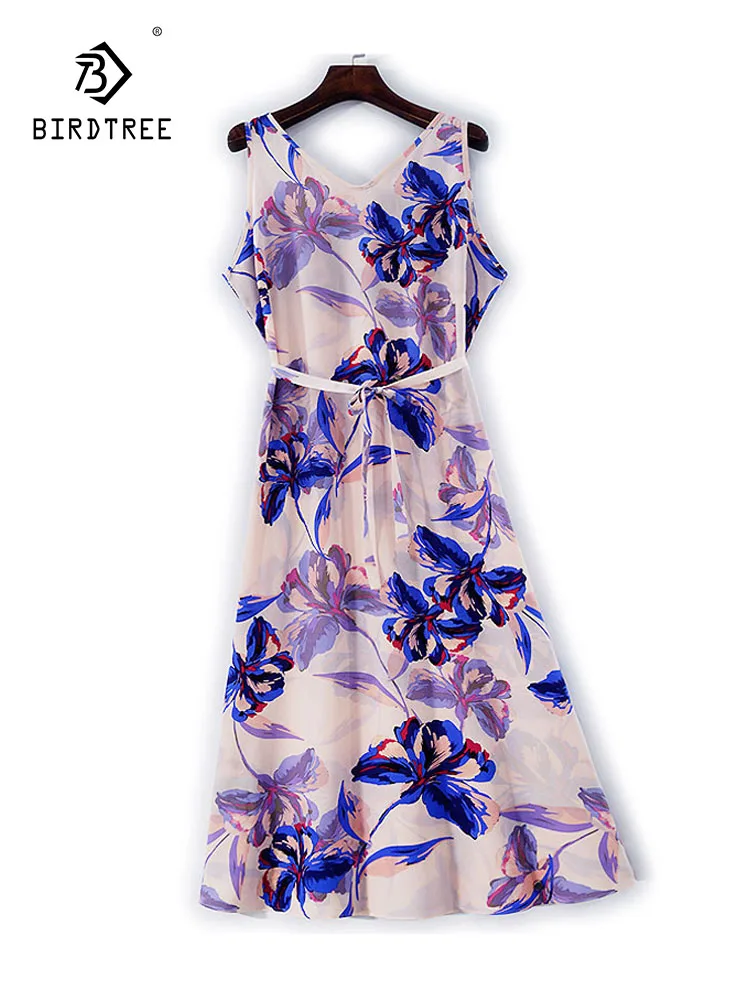 

Элегантное платье-жилет BirdTree из шелка с двойным крепом, шнуровка с V-образным вырезом и принтом, женское простое темпераментное платье, весна 2026 D5D529CC