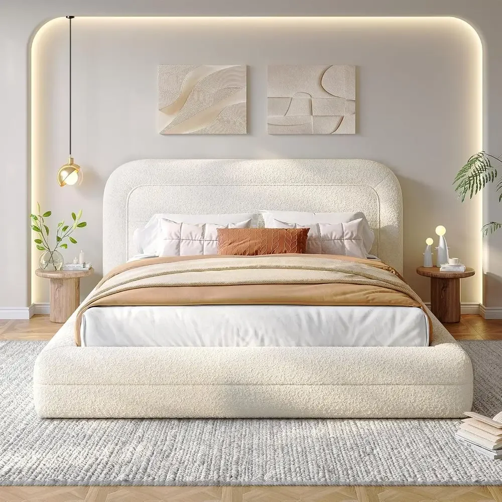 

Homkdom Cloud Bed e with board, Upholstered Sot Queen Bed e with Round Edges, Boucle Platorm Bed or ern Bedrooms & Aparent & Gt