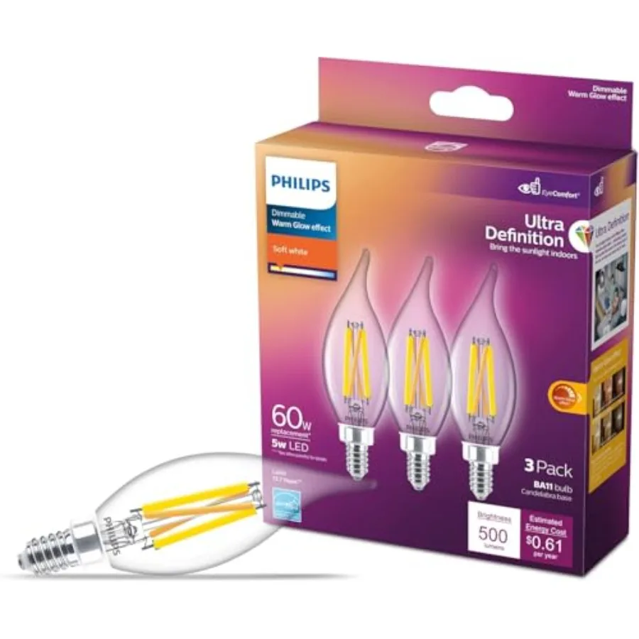 0W BA11 E12 Chandelier Bulbs Ultra Definition (5W = 0W) Dimmable Flicker-Free LED Candelabra Bulbs