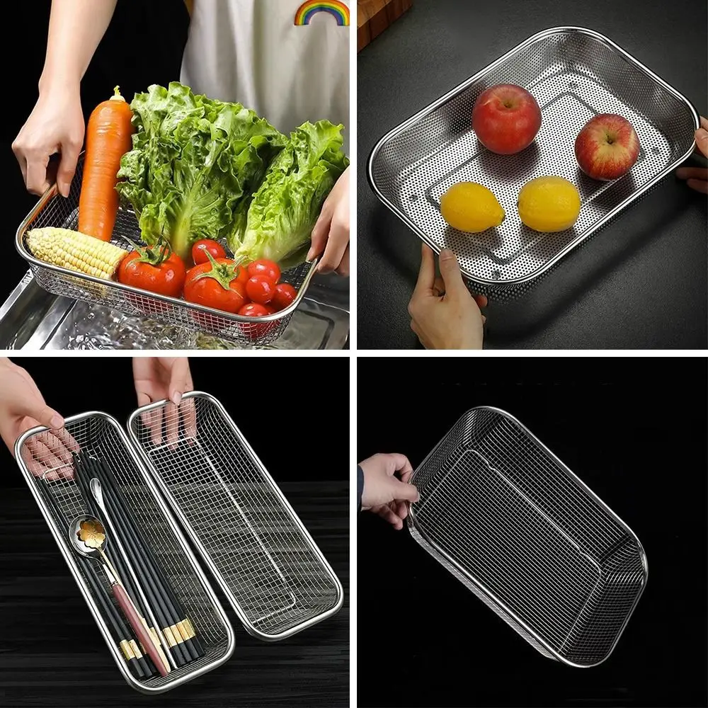 New Stainless Steel Washing basket Sink Strainer Colander Square Mesh Colander Handles Vegetable Storage Baskets