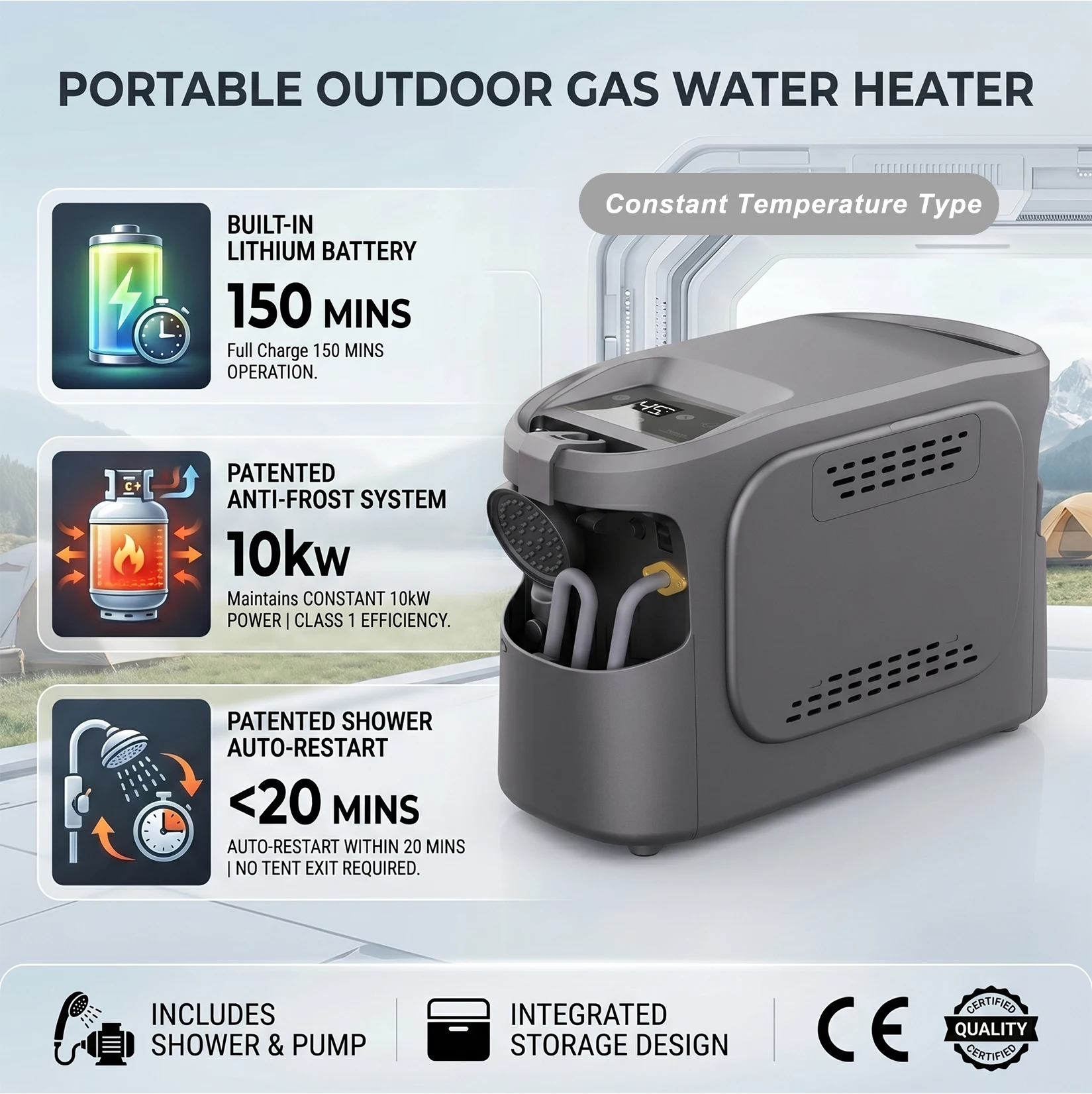 Gas Water Heaters,Portable Eco-Friendly Battery Ignition Heater Instant LPG Geyser for Camping & Emergency Use Made of Durable N