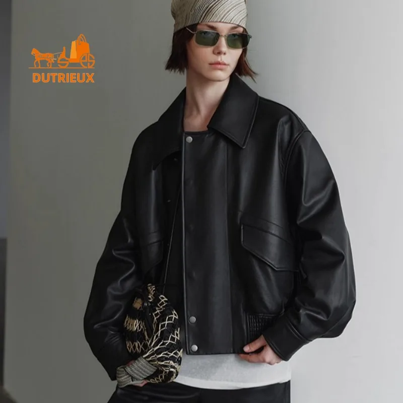 Winter Women's Short Lapel Waist Silhouette Flight Leather Jacket, 100% Real Sheepskin Retro Luxury Fashion Genuine Leather Coat