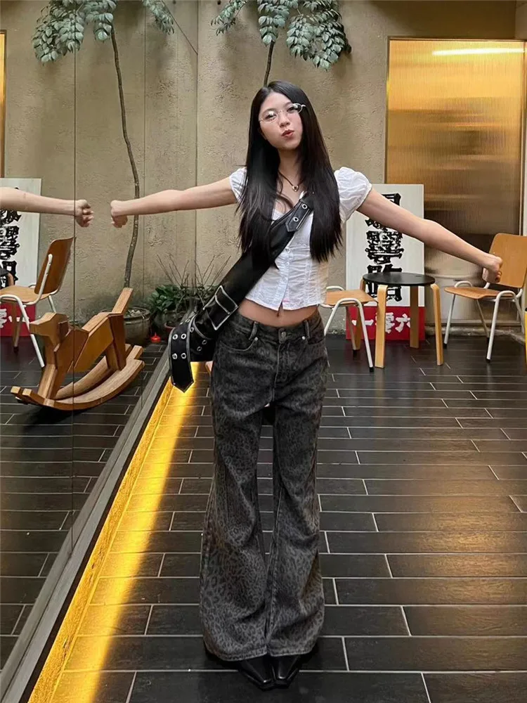 

Extended Length American Retro Leopard Print Denim Jeans Women's Spring Autumn Straight Leg Wide Leg Pants High Waist Zipper ...