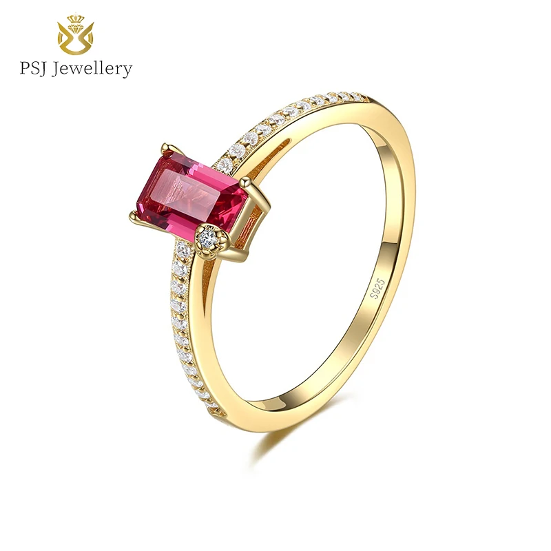 

PSJ Jewelry 18K Gold Plated Cushion Cut Rose Red Gemstone Promise Solitaire 925 Sterling Silver Engagement Rings for Women