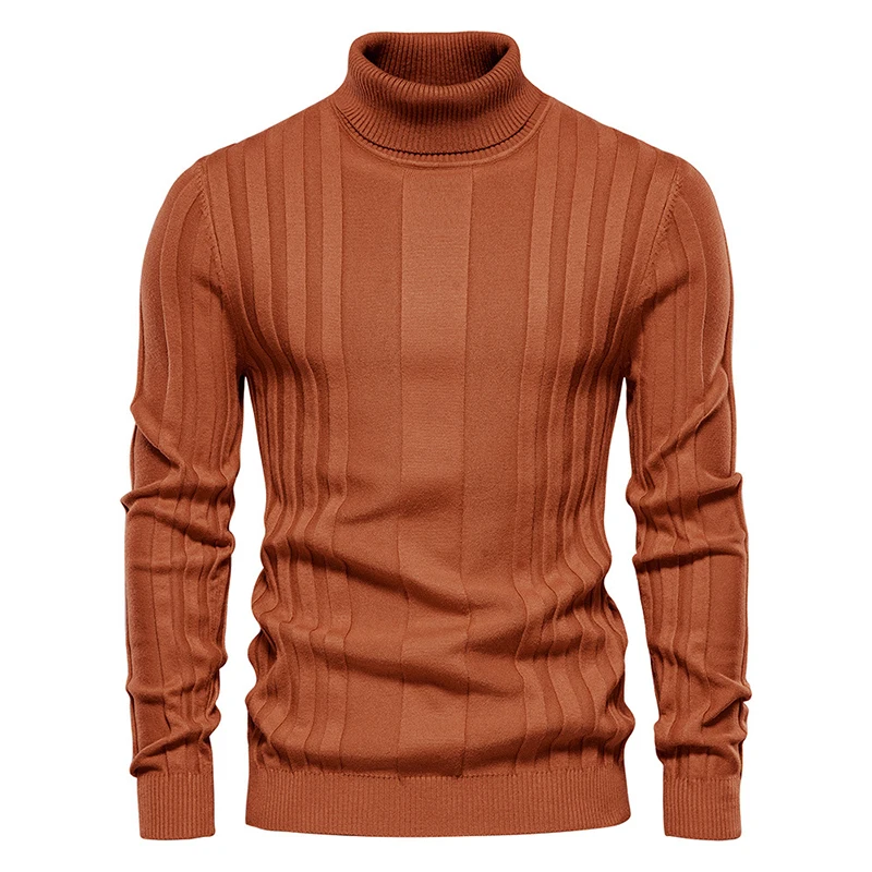 Sweater rajut pria, Turtleneck kasual sweater ramping musim gugur musim dingin hangat Pullover atasan mode bertekstur warna Solid lengan panjang jumper