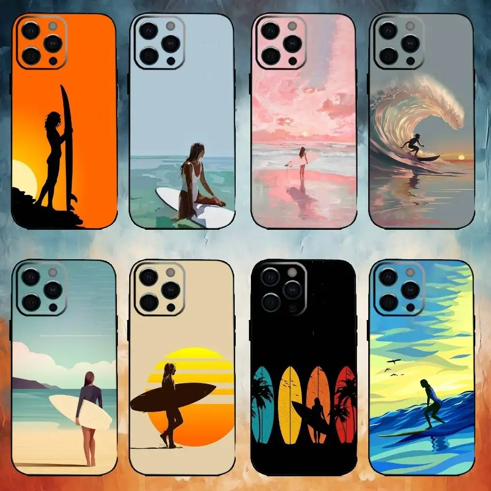 

Surfboard Surfing Phone Case For iPhone17,16,15,14,13,12,11 Plus,Pro Max Soft Black Cover