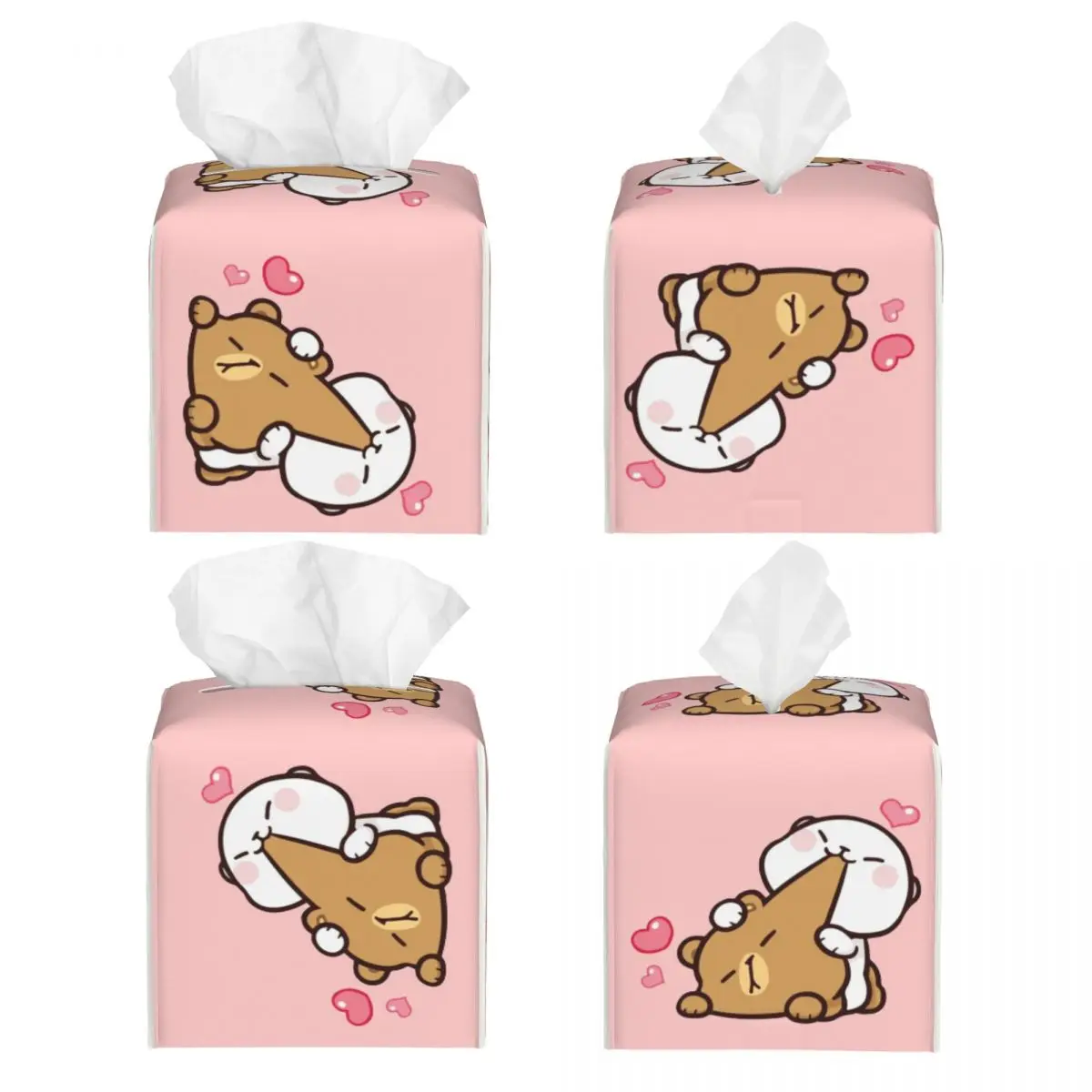 Custom Cute Mochi Bears Tissue Box Holder Square Peach And Goma PU Leather Facial Tissue Box Cover for Car Office