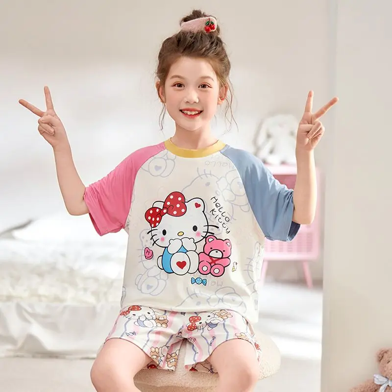 

Горячие пижамы Sanrio Hello Kitty для больших детей My Melody Girl Cartoon Kawaii, летняя одежда для отдыха, мягкие шорты с короткими рукавами, тонкие комплекты, новинка