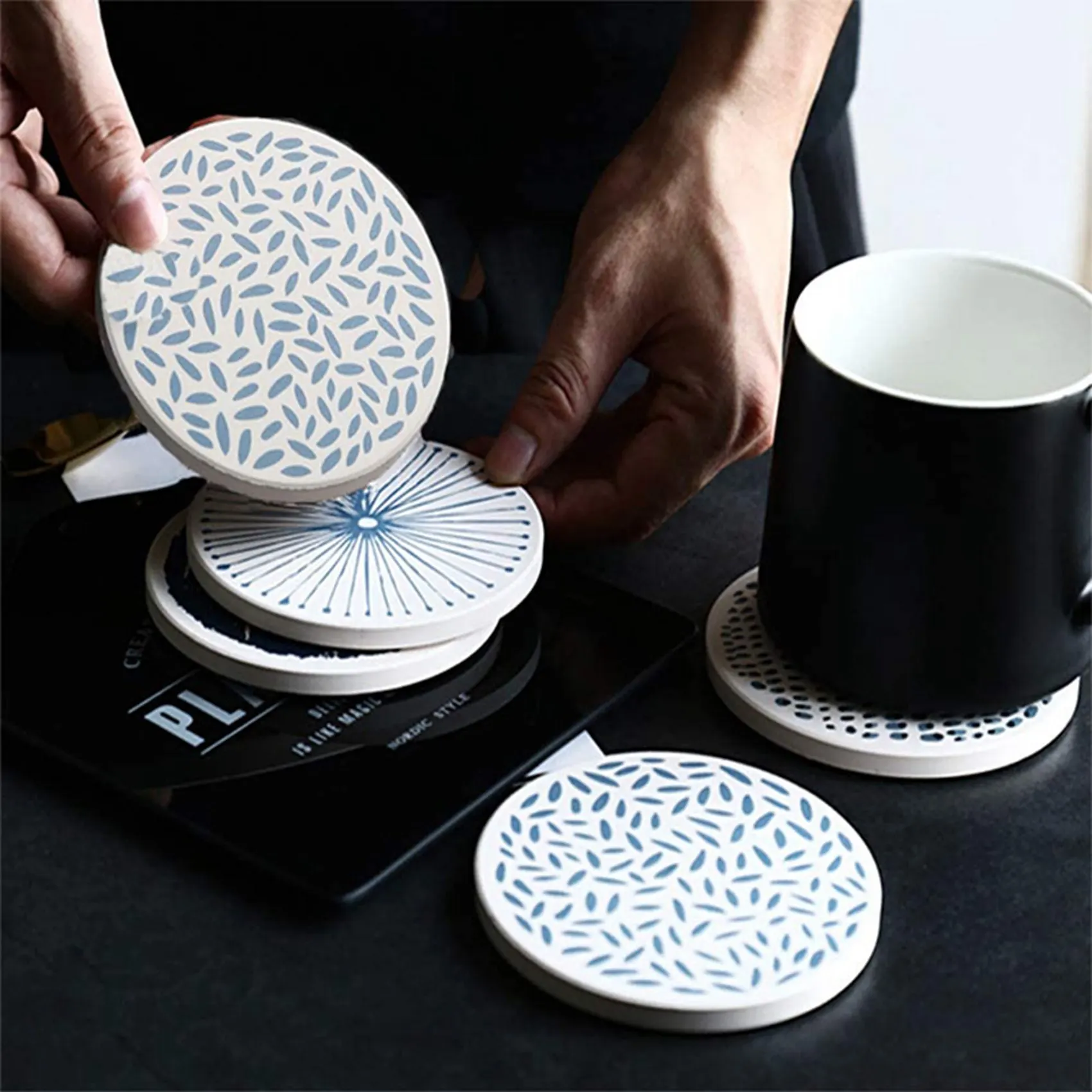 12X Stone With Cork Backing Non-Slip Heat Insulation Table Mat Absorbent Coasters For Drinks-ABYA
