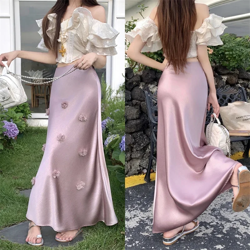 Nova moda de luxo 3d saia floral feminina verão cetim cintura alta magro elegante festa sereia saias cor sólida longo jupe