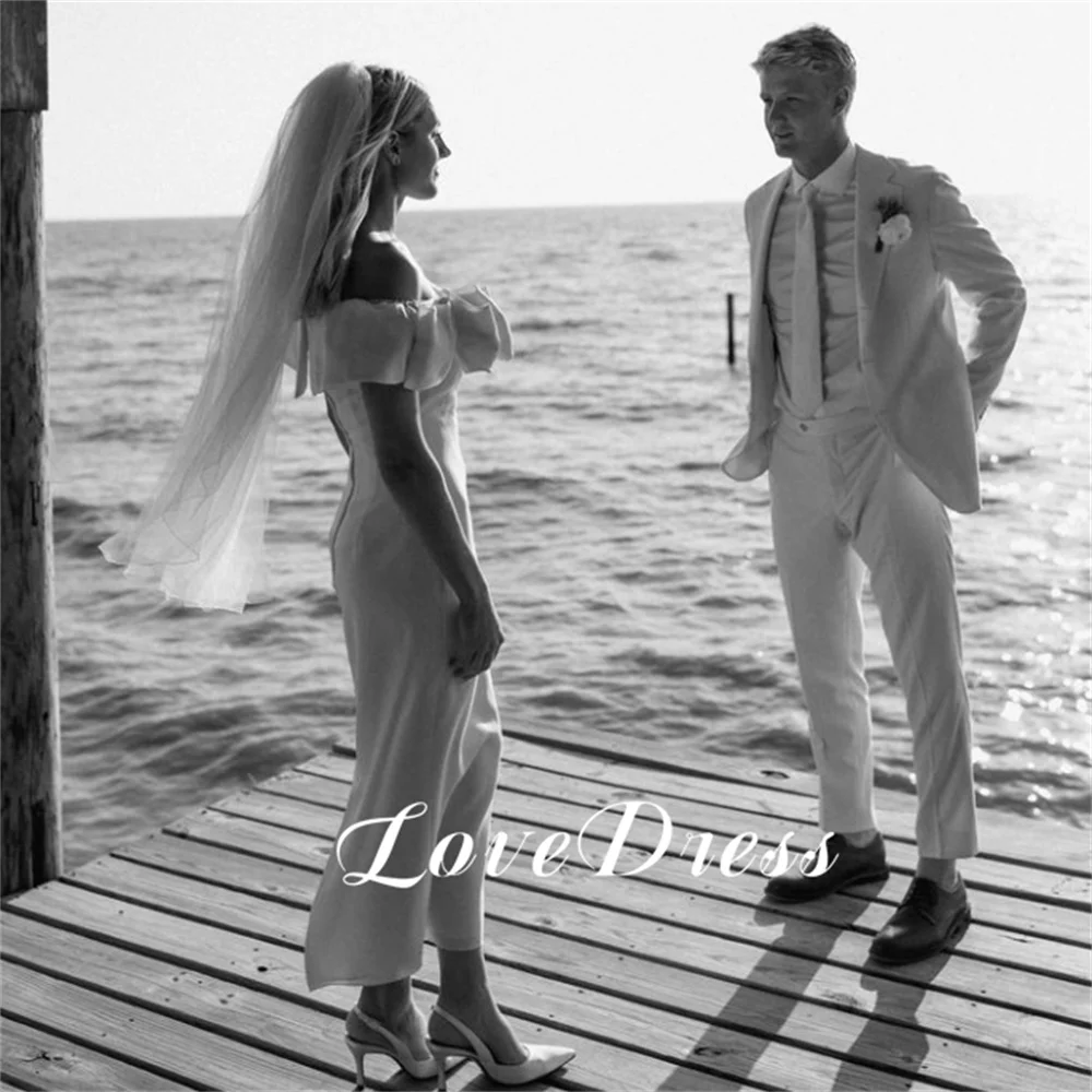 Love Simple Beach Off spalla sirena abito da sposa avorio con fiocco elegante lunghezza alla caviglia abiti da sposa senza spalline Vestido De Novia