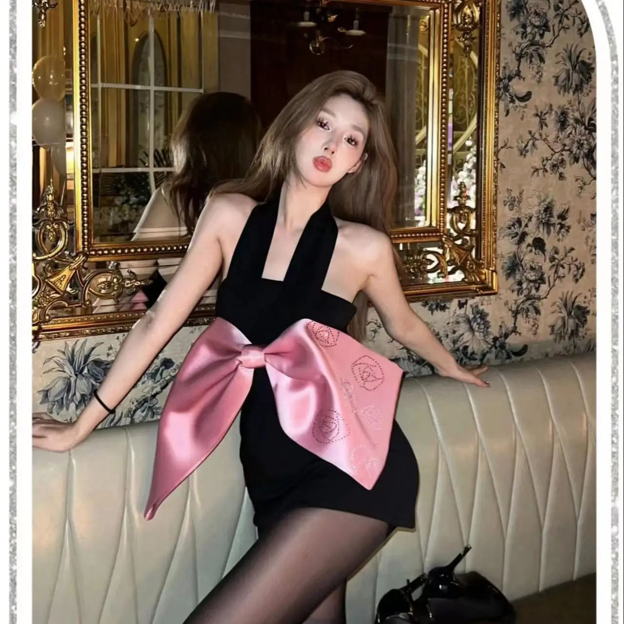 

New Summer Super Big Pink Bow Sexy Halter Black Mini Dress Hotsweet Woman Birthday Party Dress Celebrity Party Vestido 5 Color