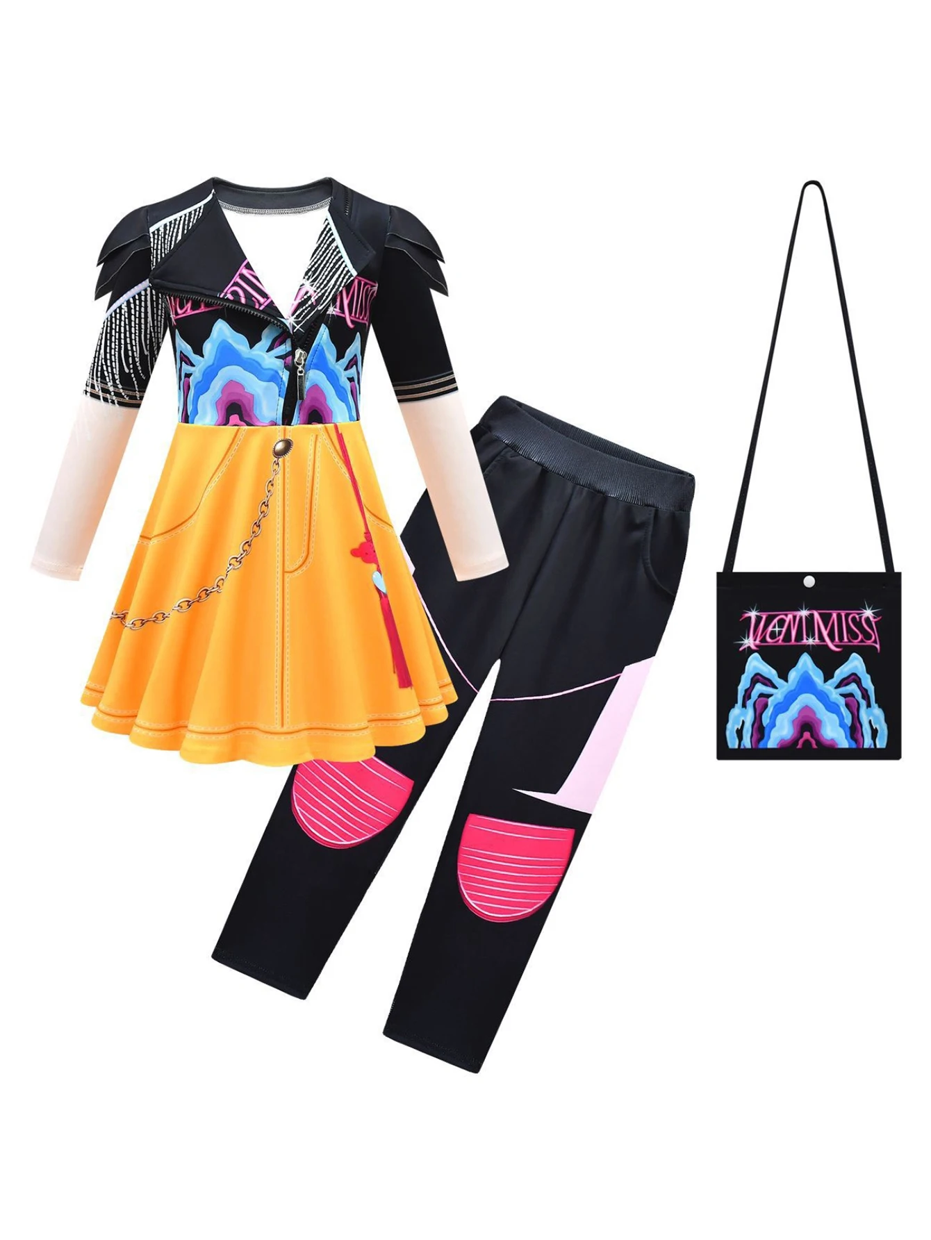 Kids Girls Color Block Movie Role Play Costume 3 Piece Long Sleeve Top Skirt & Pants Fancy Dress Up Outfit For Birthday Carnival