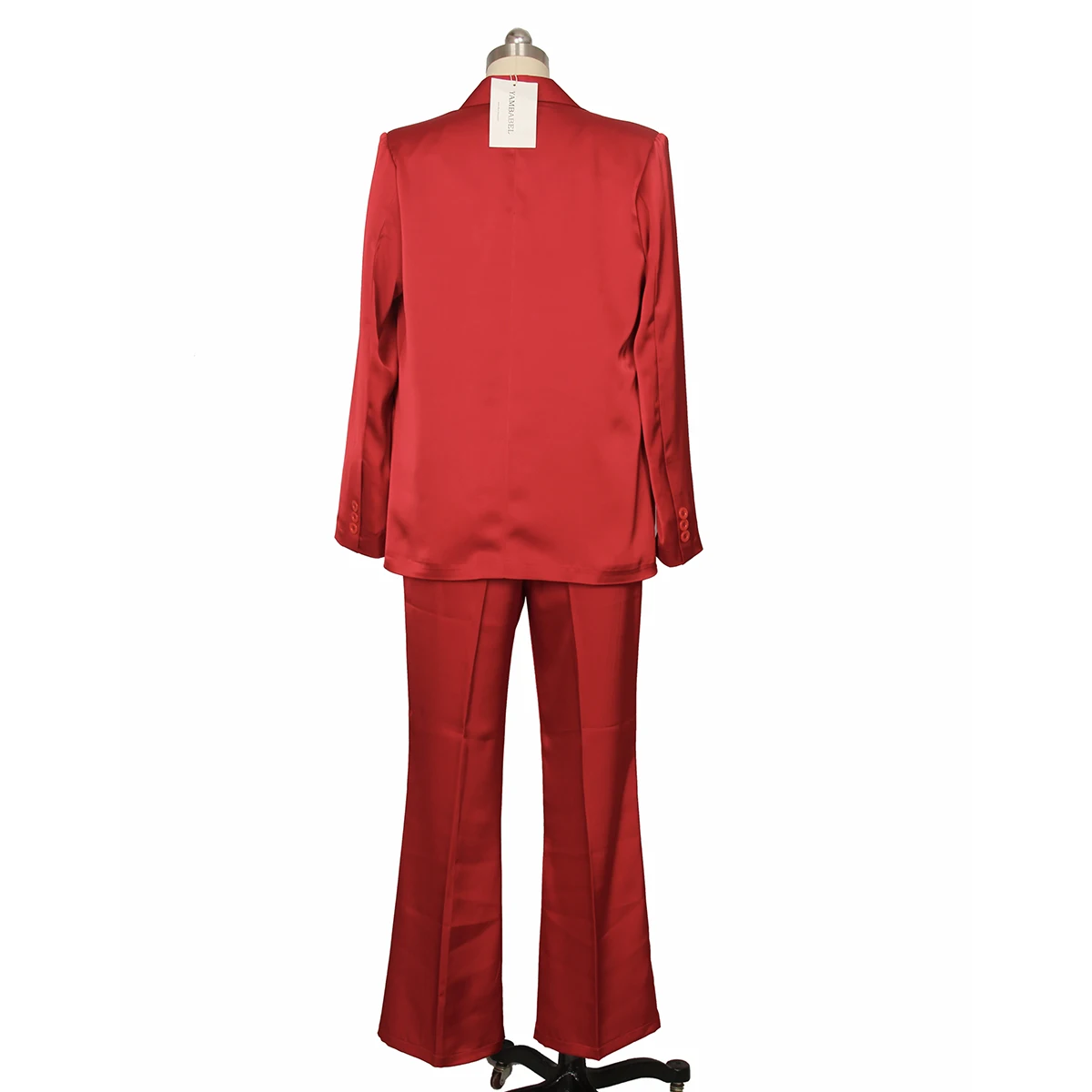 YAMBABEL Women's Red Acetate Satin Suit Set: Single-Button Blazer with Dual Pockets & Wide Leg Trousers, Work to Evening Outfit