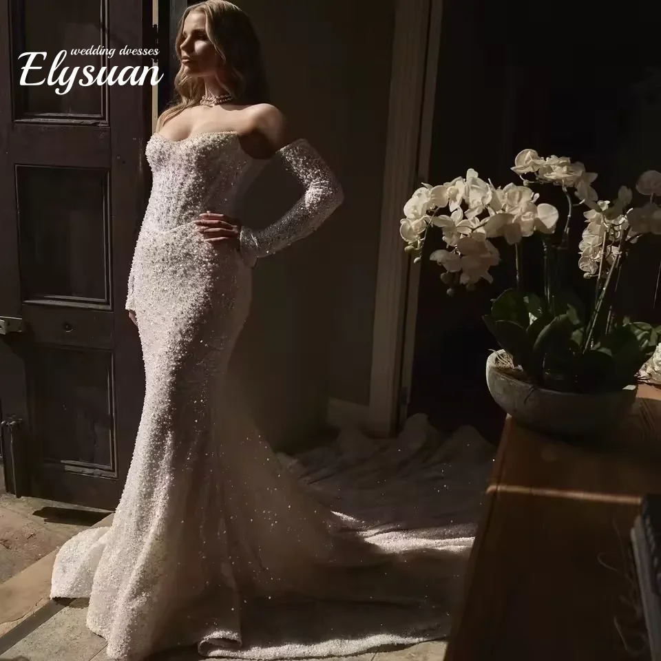 

Luxury Mermaid Wedding Dress With Satin Detachable Train Full sleeve Bride Gown Lace Beading Vestidos De Novia Customized