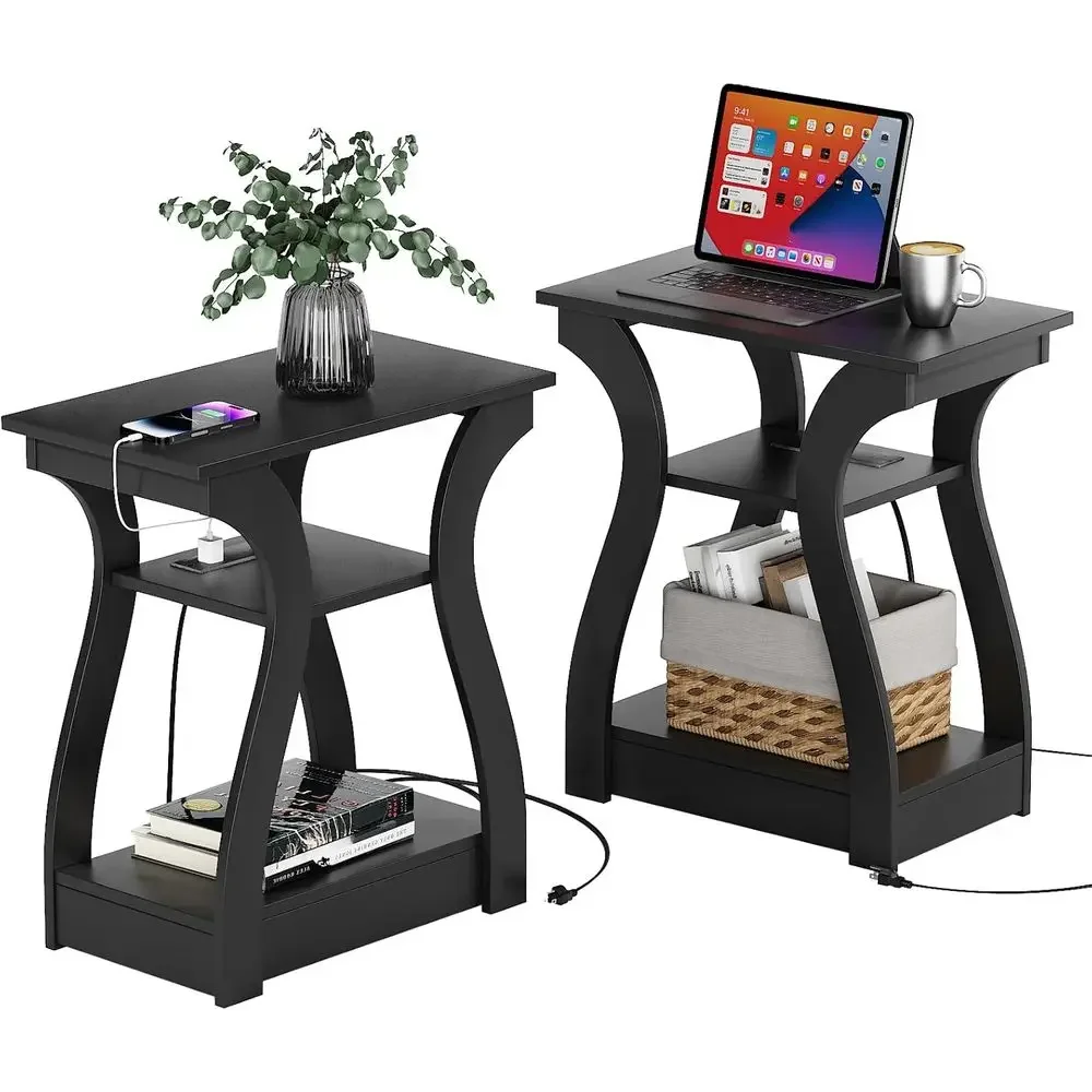 

2-Piece Charging End Table Set with USB Ports and Outlets, Black Nightstand Storage for Living Room or Bedroom
