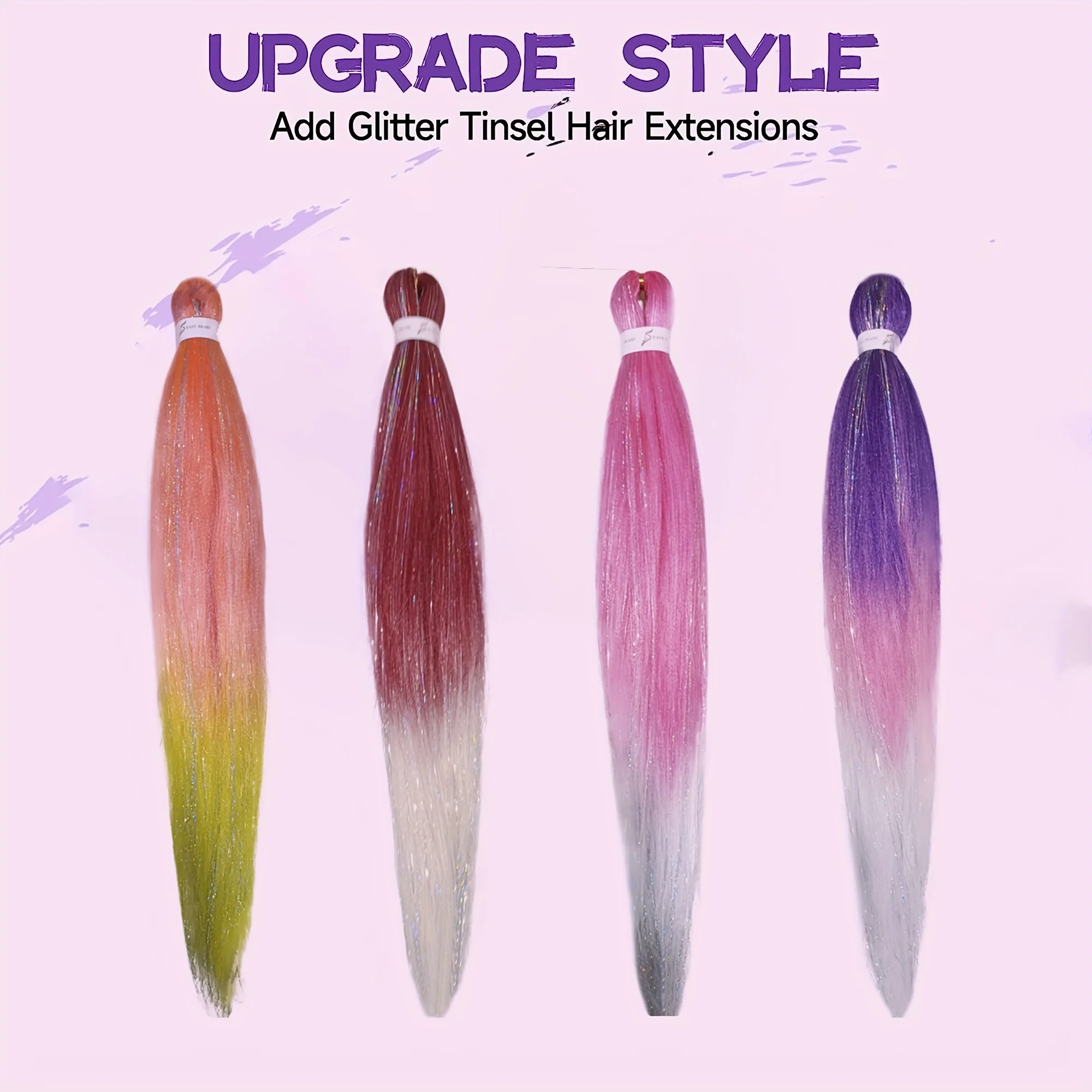 Purple Pink White 3 Tones Ombre Straight Braids Blend Hair Tinsel Festival Rave Hair Extensions for Girls Crazy Hair Day Braids