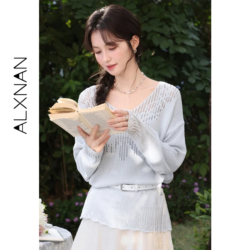 

ALXNAN Women's Hollow-out Pullovers 2026 Spring Blue Loose-fit Casual Knitwear Elegant Fashion Knitted Tops Female L61621-1