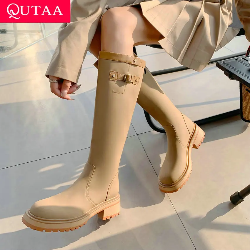 

QUTAA 2024 Women Knee-High Boots Med Heel Shoes Woman Genuine Leather Autumn Winter Office Ladies High Boots Size 34-39