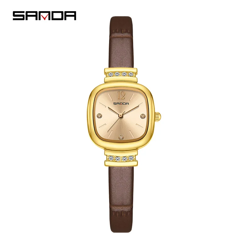 SANDA7052 Luxury Women's Diamond Set Watch Elegant Retro Design Lightweight 9MM Waterproof Mineral Glass Fashion Sunshine Dial