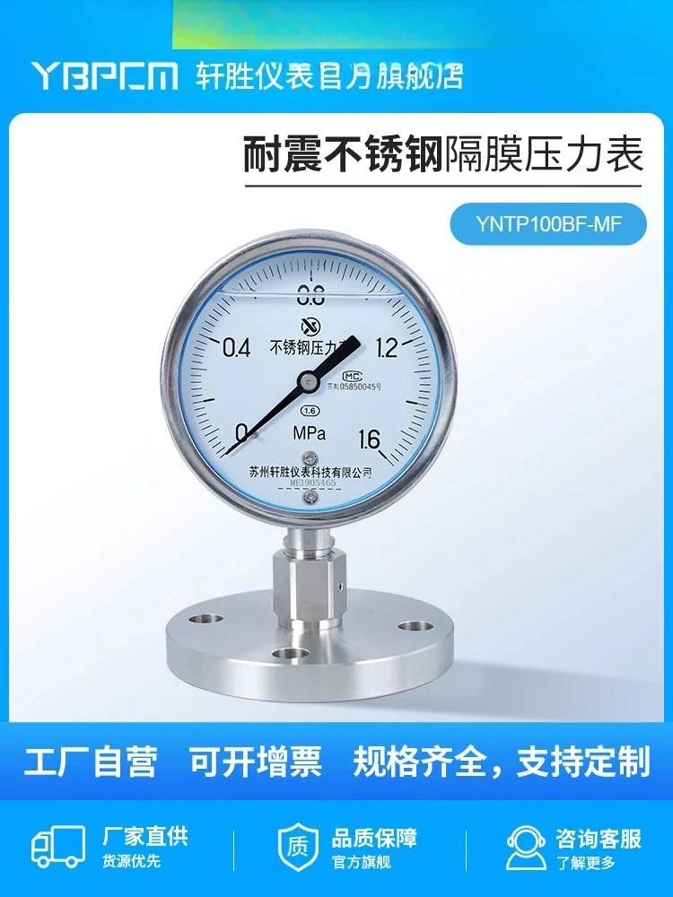 

YNTP100BF Single Flange Stainless Steel Diaphragm Pressure Gauge DN25 DN50 Shockproof Stainless Steel Diaphragm Pressure Gauge