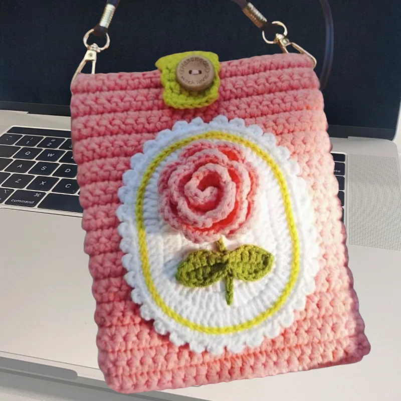 Handmade woven rose phone bag, crossbody bag, exquisite and cute key bag, lightweight storage bag, complimentary headphone bag