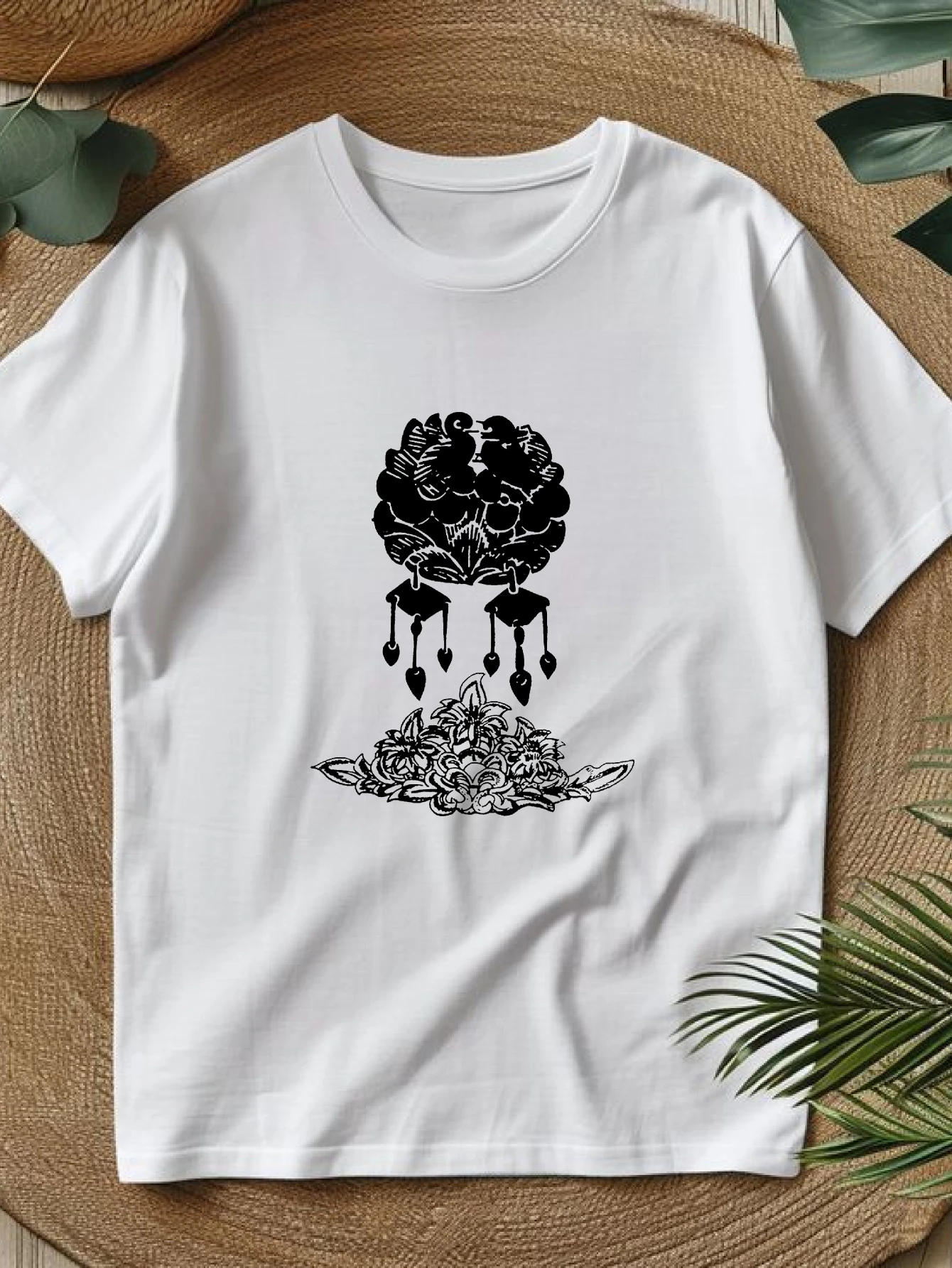 

Women's T-shirts Chinese style Crewneck Vintage Basic Oversize Tee Casual 100% cotton Floral Design With Tassels printed tee
