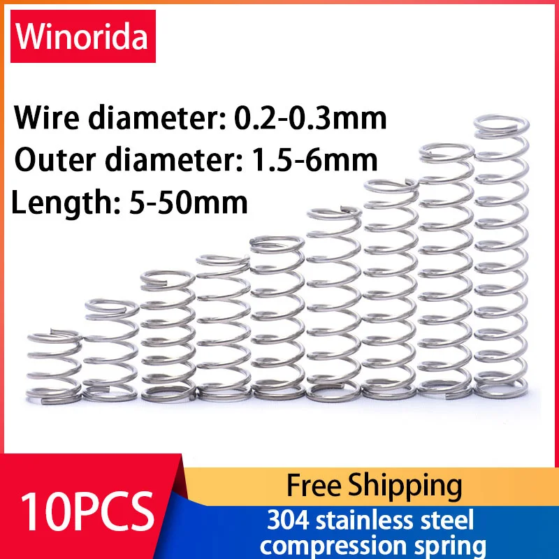 304 Stainless Steel Compression Spring, Return Spring, Steel Wire Diameter0.2~0.3mm Outside Diameter1.5~6mm  10 Pcs