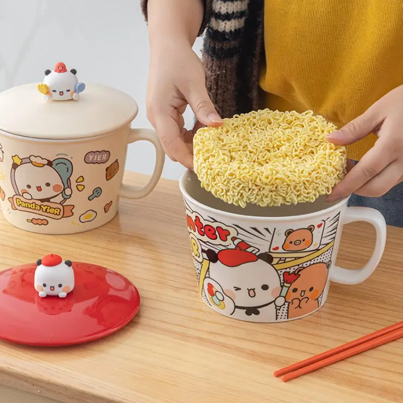 

2024 Limited Edition Cute Lesser Panda Yier Bubu Instant Noodle Bowl With Cover And Handle Ceramic Bowl Student Birthday Gifts